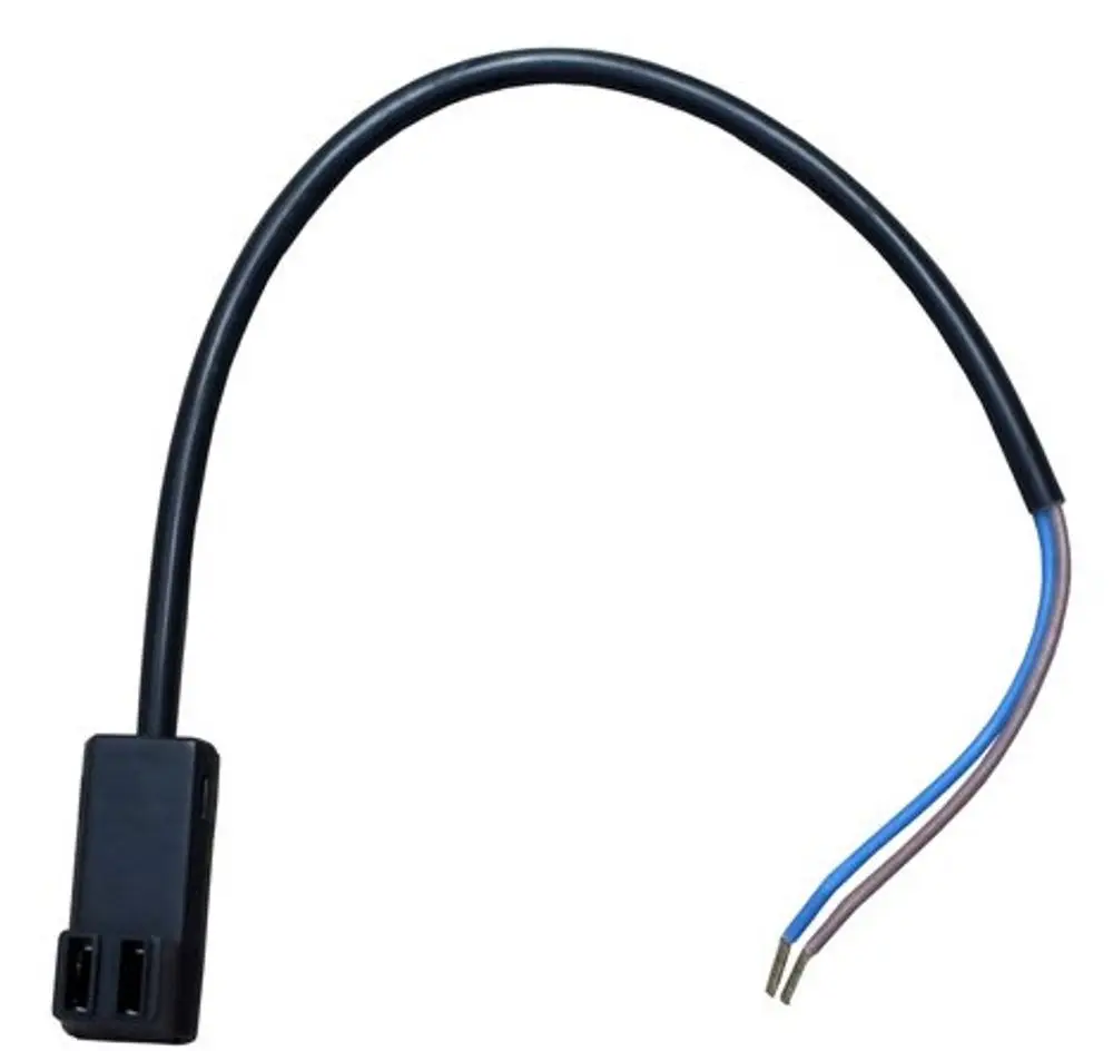 BOSCH Anschlussleitung mit einem Stecker und zwei freiliegenden Drähten in unterschiedlichen Farben, die zur Verbindung oder Stromversorgung verwendet werden kann.